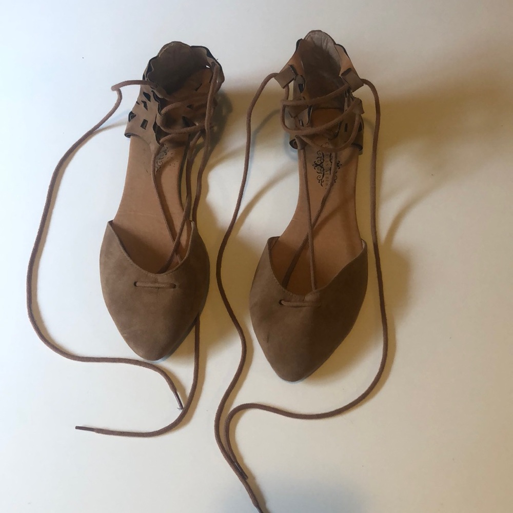 Brown suede sandals wrap around ankle